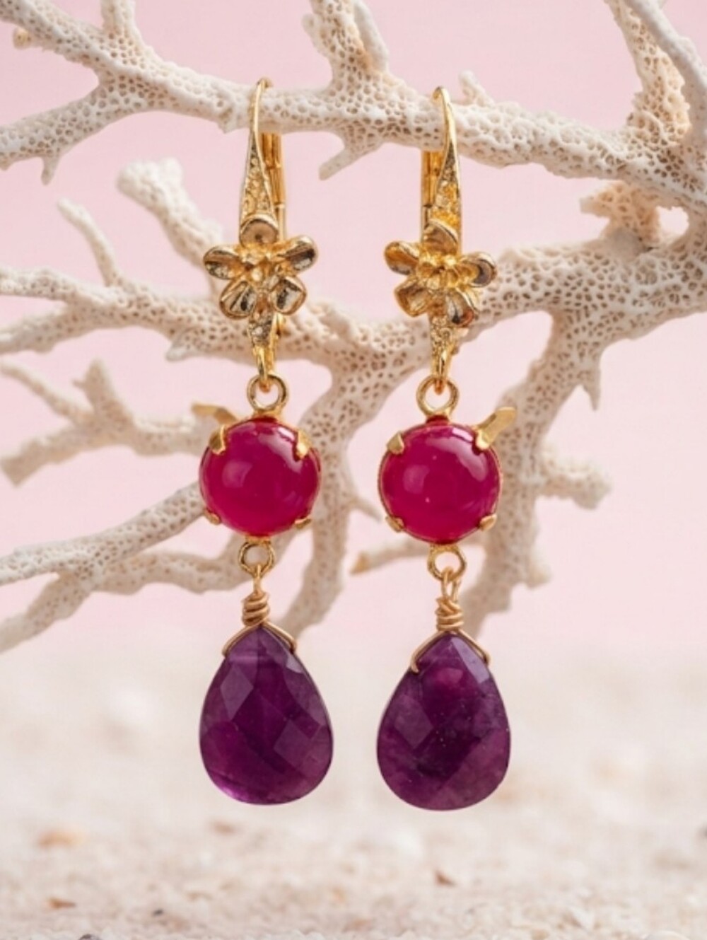 All Natural Fuchsia Jade In Gold Plated Drop Statement Earrings